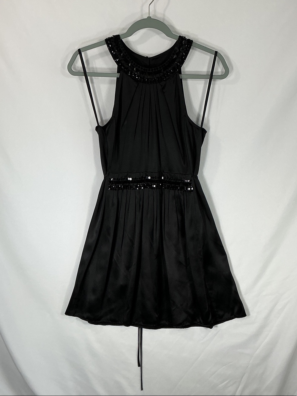 BCBGMaxAzria Black Beaded Halter Mini Dress with Pleated Skirt Size 8P
